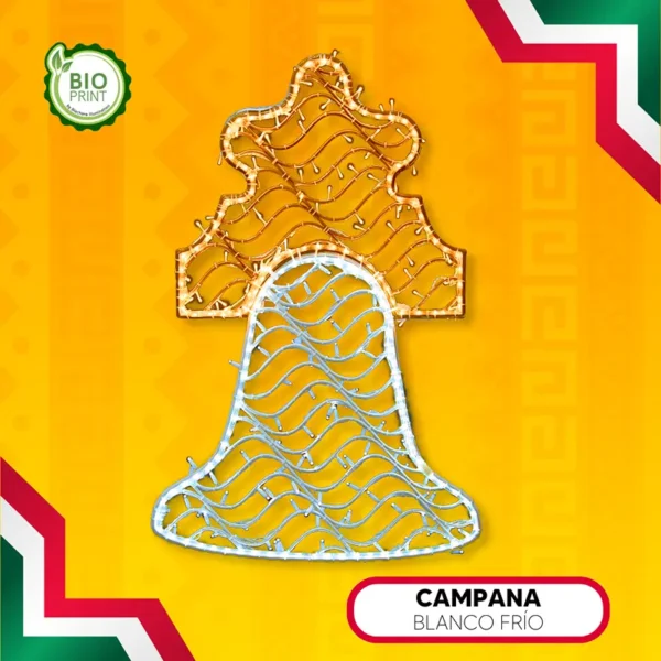Figura LED de Campana color Blanca de material reciclado bioprint para adornar fiestas patrias mexicanas en calles, fachadas de presidencias o monumentos, parques, kioscos, centros comerciales y negocios