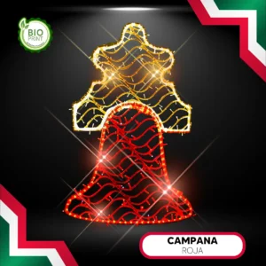 Figura LED de Campana Roja hecha de material reciclado bioprint para adornar fiestas patrias mexicanas en fachadas de presidencias o monumentos, parques, kioscos, zócalos o centros comerciales y negocios