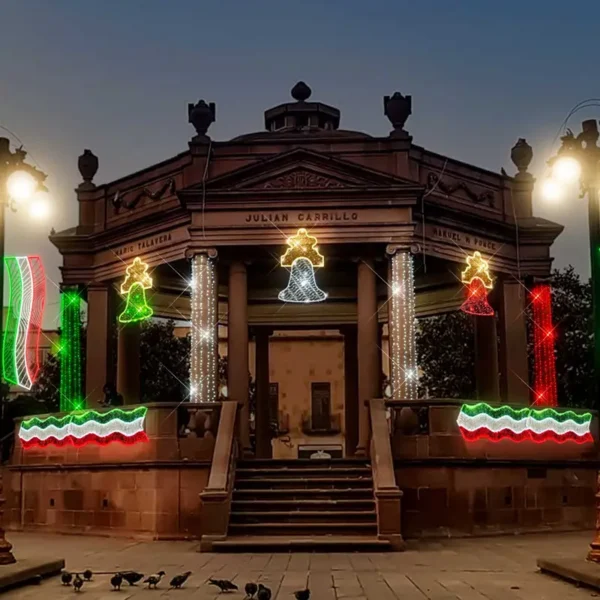 Figura LED en forma de Campana color Verde de material reciclado bioprint para adornar plazas públicas, calles, avenidas, parques, presidencias municipales y kioscos