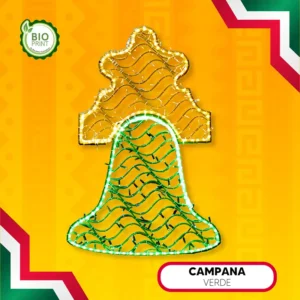 Figura LED Campana Verde de material reciclado bioprint para adornar fiestas patrias mexicanas en calles, avenidas, plazas comerciales, negocios, fachadas