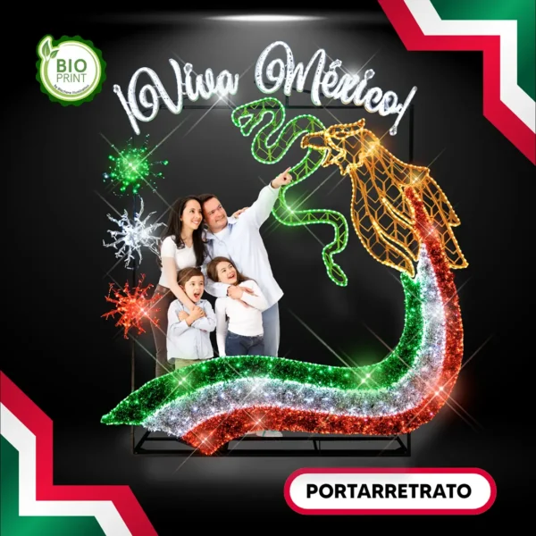 Figura LED Portarretrato con letras Viva México para adornar parques, centros comerciales, zócalos, plazas públicas, jardines