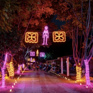 Figura LED decorativa grande para exterior en forma de Papel picado en color naranja para adorno de día de muertos en calles, avenidas, fachadas, presidencias municipales, parques, jardines, centros comerciales y plazas comerciales