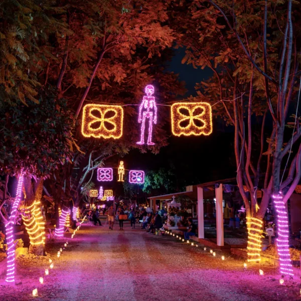 Figura LED decorativa grande para exterior en forma de Papel picado en color naranja para adorno de día de muertos en calles, avenidas, fachadas, presidencias municipales, parques, jardines, centros comerciales y plazas comerciales