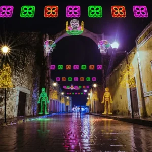 Figura LED decorativa grande para exterior en forma de Papel picado en color rosa para adorno de día de muertos en calles, avenidas, fachadas, presidencias municipales, parques, jardines, centros comerciales y plazas comerciales