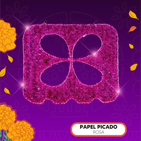 Figura LED decorativa grande en forma de Papel picado color rosa con festón para adorno de día de muertos