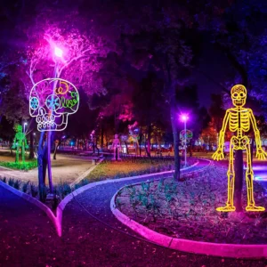 Figura LED decorativa Gigante en forma de calaverita de azúcar para adorno de día de muertos en calles, avenidas, fachadas, parques, jardines, presidencias municipales, centros comerciales y plazas comerciales