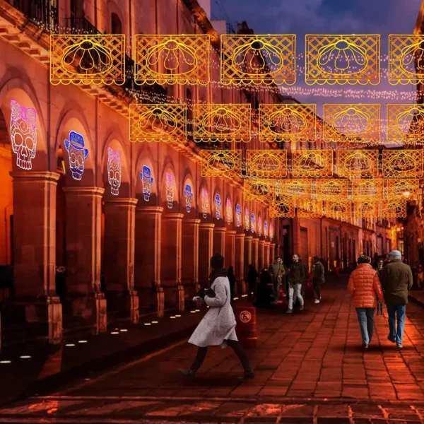Figura LED Grande en forma de Papel Picado con una Hojaldra para adorno de día de muertos en calles, avenidas, fachadas, presidencias municipales, centros comerciales y plazas comerciales