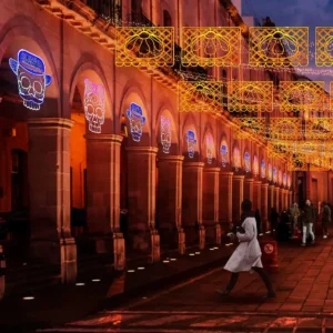 Figura LED Grande para exterior en forma de Catrín en color azul hielo para adorno de día de muertos en calles, avenidas, fachadas, presidencias municipales, centros comerciales y plazas comerciales