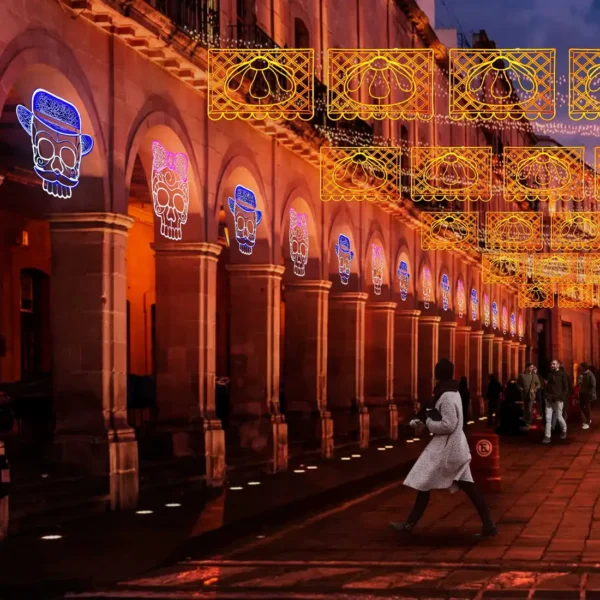 Figura LED Grande para exterior en forma de Catrín en color azul hielo para adorno de día de muertos en calles, avenidas, fachadas, presidencias municipales, centros comerciales y plazas comerciales