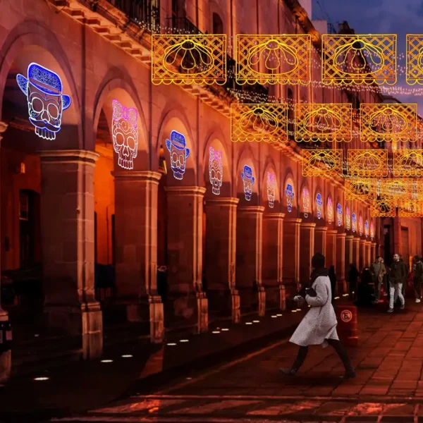 Figura LED decorativa grande para exterior en forma de Catrina en color rosa para adornar de día de muertos en calles, avenidas, fachadas, presidencias municipales, centros comerciales y plazas comerciales