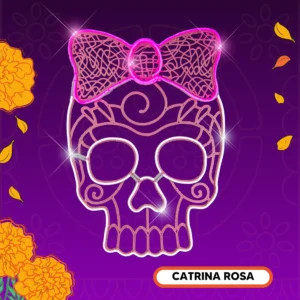 Figura LED decorativa grande en forma de Catrina color rosa para adorno de día de muertos