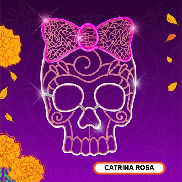 Figura LED decorativa grande en forma de Catrina color rosa para adorno de día de muertos