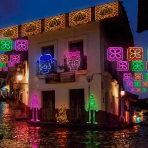 Figura LED decorativa grande para exterior en forma de esqueleto de perrito Xólotl en color oro mate para adorno de día de muertos en calles, avenidas, fachadas, presidencias municipales, parques, centros comerciales y plazas comerciales