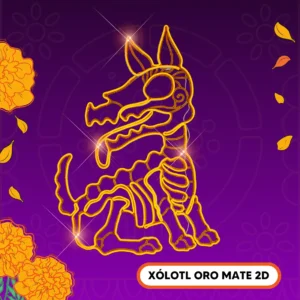 Figura LED decorativa grande en forma de esqueleto perrito Xólotl color oro mate para adorno de día de muertos