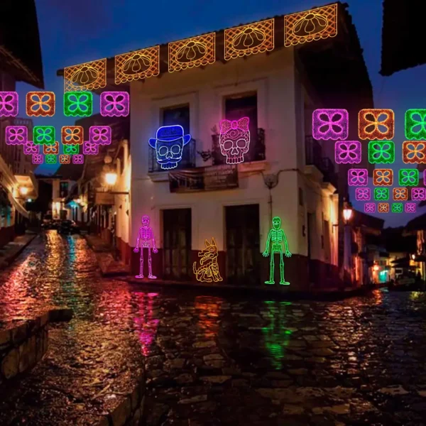 Figura LED decorativa grande para exterior en forma de Esqueleto en color verde para adorno de día de muertos en calles, avenidas, fachadas, presidencias municipales, parques, centros comerciales y plazas comerciales