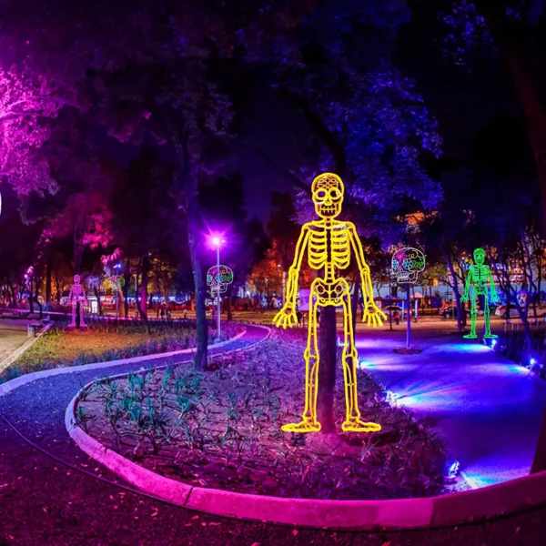 Figura LED decorativa grande para exterior en forma de Esqueleto en color naranja para adorno de día de muertos en calles, avenidas, fachadas, presidencias municipales, parques, jardines, centros comerciales y plazas comerciales