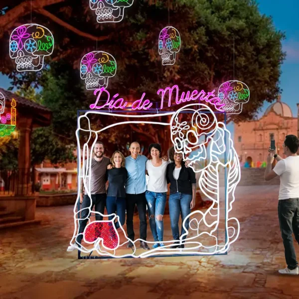 Figura LED decorativa grande para exterior en forma de Marco de Esqueleto en color blanco para día de muertos en calles, avenidas, presidencias municipales, parques, jardines, centros comerciales y plazas comerciales