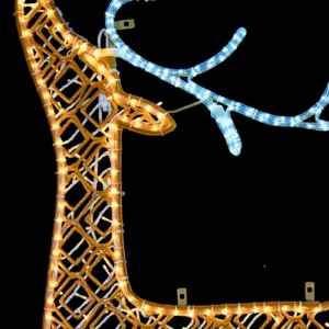 La figura LED Reno dorado grande está fabricada con estructura de acero, material reciclado bioprint, manguera y serie Blanco Cálido