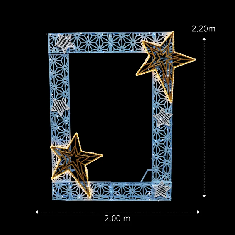 Las medidas de la figura LED Portarretrato astral gigante son de dos metros de ancho por dos metros con veinte centímetros de alto