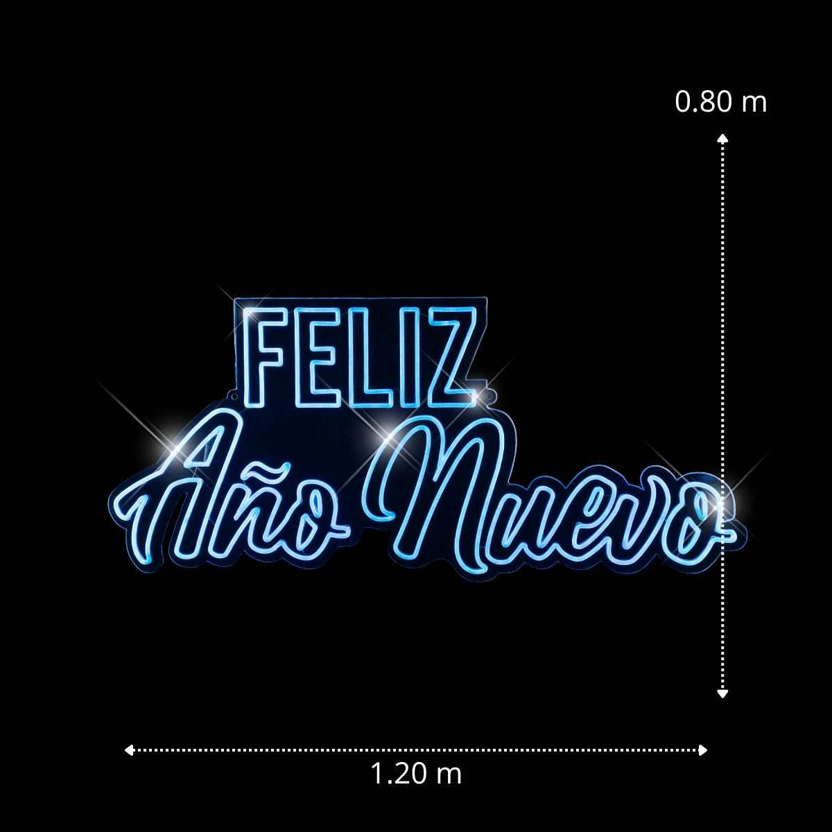 Medidas de la figura con letras Feliz Año Nuevo para iluminar grandes proyectos