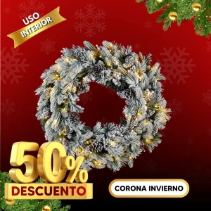 Corona Navideña con Luces y Nieve artificial para interiores