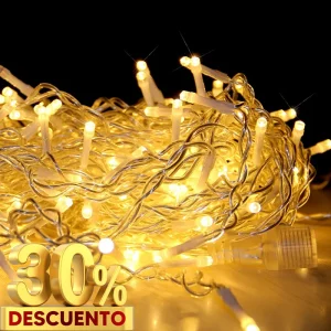 Serie cascada led luz blanco cálido con starflash blanco frío gama media cable transparente vista cerca