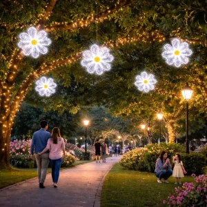 Figura con iluminación LED grande en forma de flor de Margarita para adornar espacios públicos como jardines, plazas, parques, centros comerciales, fachadas y municipios