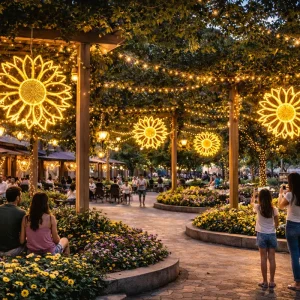 Figura con iluminación LED grande en forma de Girasol para adornar espacios públicos como jardines, plazas, parques, centros comerciales, fachadas y municipios