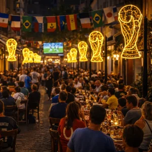 Figura con iluminación LED grande en forma de Copa mundial de futbol soccer para adornar espacios públicos como jardines, plazas, parques, centros comerciales, fachadas y municipios
