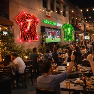 Figura con iluminación LED grande en forma de Camiseta de futbol soccer color roja para adornar espacios públicos como jardines, plazas, parques, centros comerciales, restaurantes, fachadas y municipios