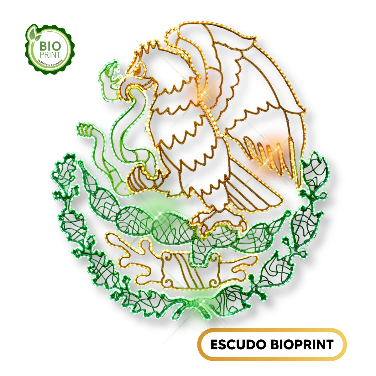 Figura LED Escudo de Fiestas Patrias para adornar fachadas, calles, avenidas, parques públicos, plazas comerciales en el Grito de Independencia de México