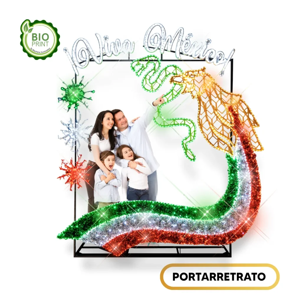 Figura LED Portarretrato con letras Viva México para adornar parques, centros comerciales, zócalos, plazas públicas, jardines