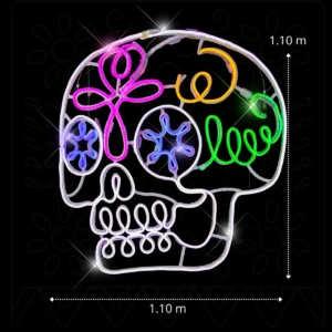Medidas de la Figura LED Grande en forma de calaverita de azúcar para adorno de día de muertos con manguera LED 110 centímetros de ancho por 110 centímetros de alto