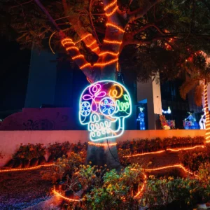 Figura LED decorativa Gigante en forma de calaverita de azúcar para adorno de día de muertos en calles, avenidas, fachadas, parques, jardines, presidencias municipales, centros comerciales y plazas comerciales