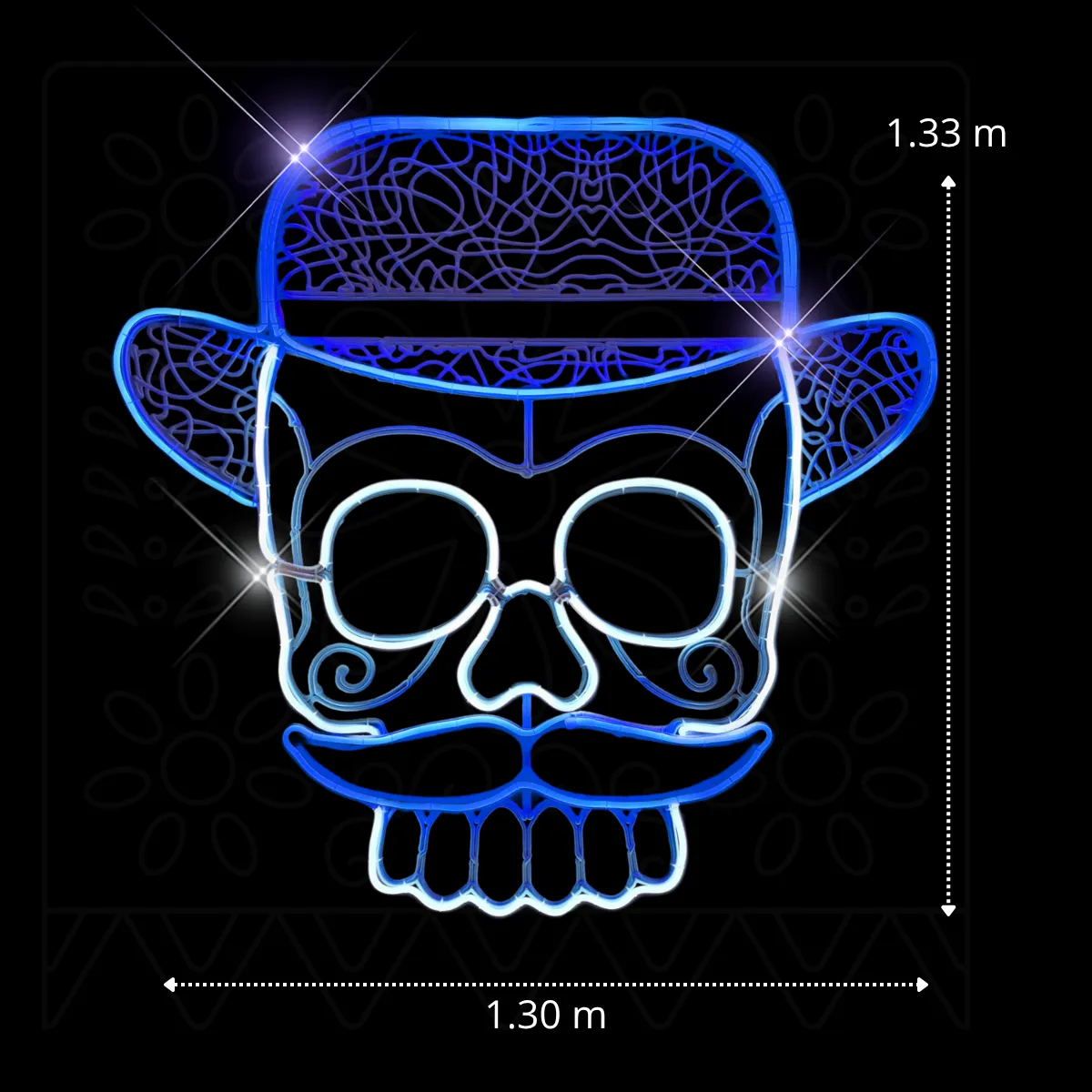 Medidas de la Figura LED Grande en forma de Catrín color azul hielo para adornar día de muertos con manguera LED neón 130 centímetros de ancho por 133 centímetros de alto