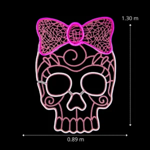 Medidas de la Figura LED decorativa gigante en forma de Catrina color rosa para adornar día de muertos con manguera LED neón ochenta y nueve centimetros de ancho por ciento treinta centímetros de alto
