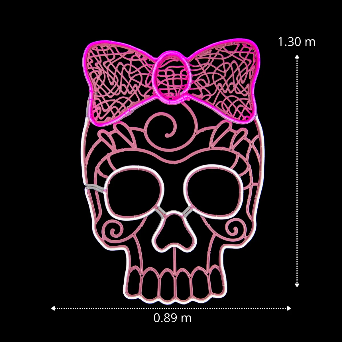 Medidas de la Figura LED decorativa gigante en forma de Catrina color rosa para adornar día de muertos con manguera LED neón ochenta y nueve centimetros de ancho por ciento treinta centímetros de alto