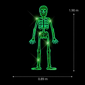 Medidas de la Figura LED decorativa gigante en forma de Esqueleto color verde para adornar día de muertos con manguera LED neón 89 centímetros de ancho por 190 centímetros de alto