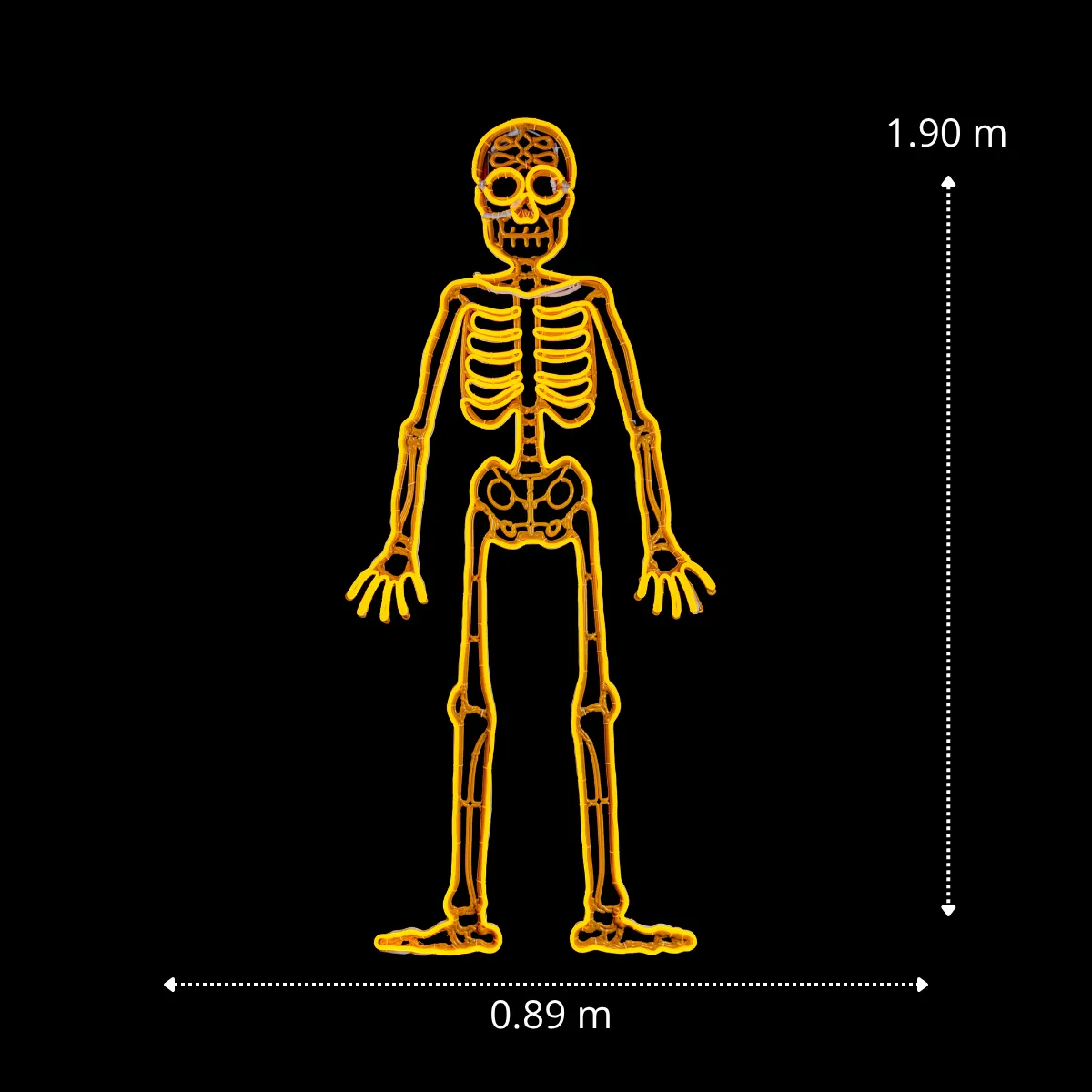 Medidas de la Figura LED decorativa gigante en forma de Esqueleto color naranja para adornar día de muertos con manguera LED neón 89 centímetros ancho por 190 centímetros de alto