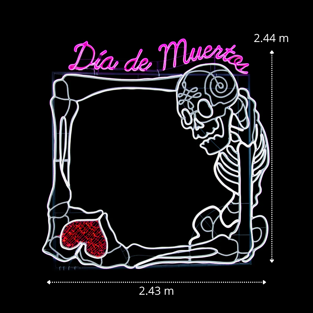 Medidas de la Figura LED decorativa gigante en forma de Marco de Esqueleto color blanco para adornar espacios y tomar fotos en día de muertos con manguera LED neón incluída 243 centímetros largo por 244 centímetros alto