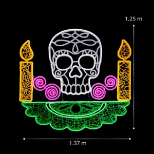 Medidas de la Figura LED gigante en forma de Ofrenda fabricada con material biodegradable y reciclable para adorno de día de muertos con manguera LED integrada 137 centímetros de ancho por 125 centímetros de alto