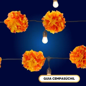 Adorno guía de cempasúchil con focos para iluminar en día de muertos