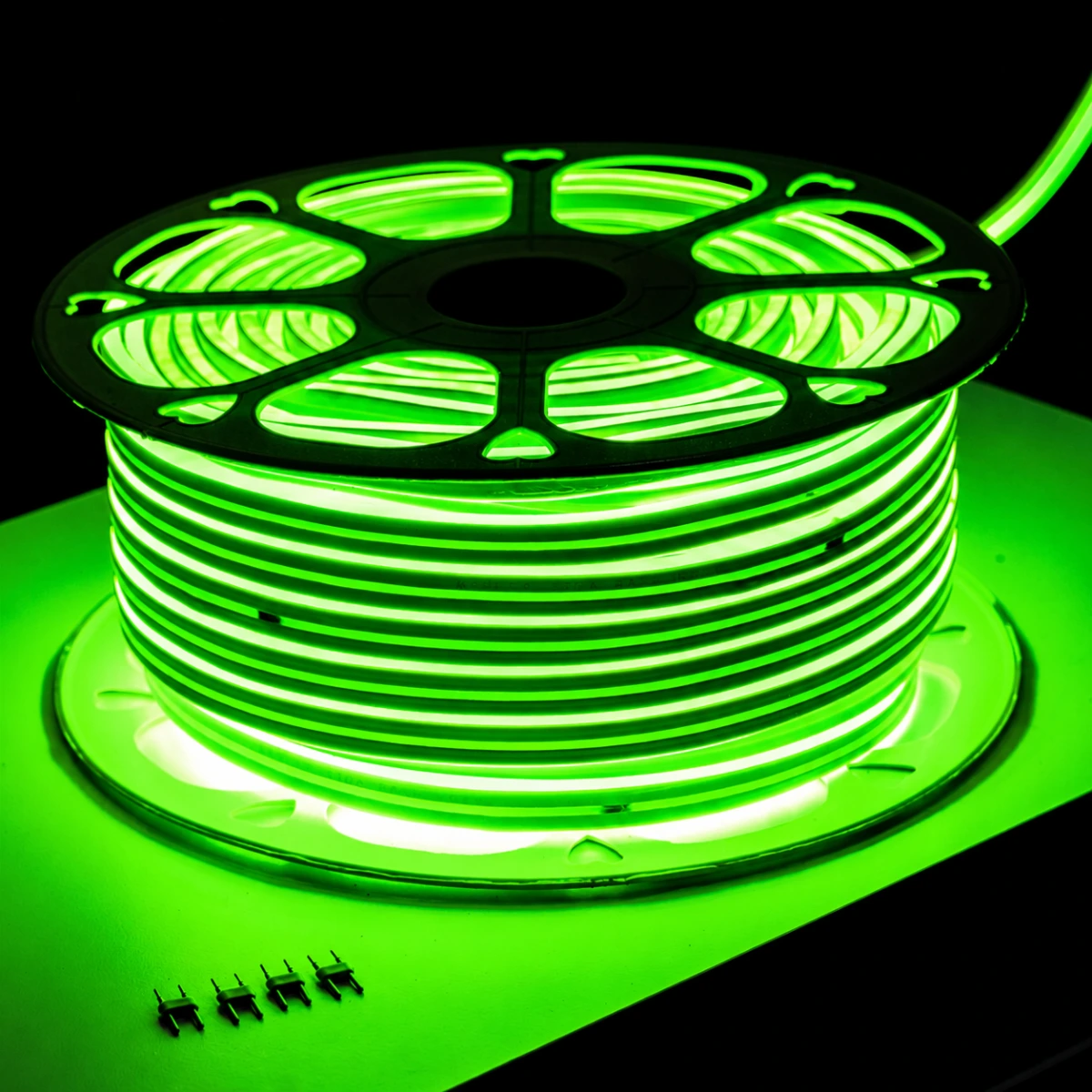 Carrete de manguera LED neón verde de 50 metros encendida para exteriores