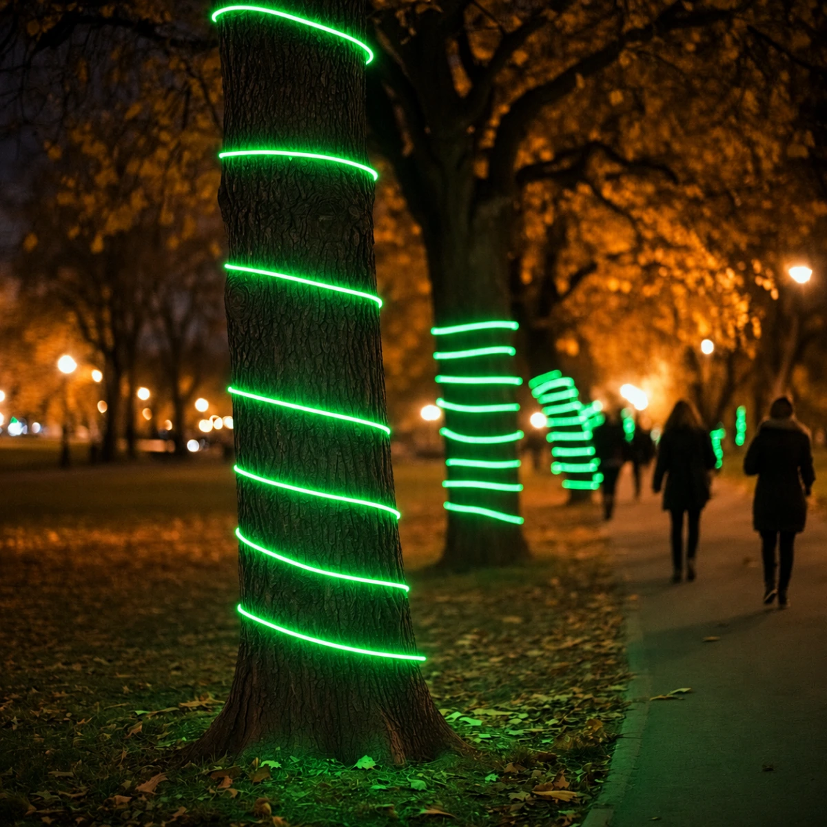 Manguera LED neón verde instalada decorando troncos de árboles en parque público nocturno