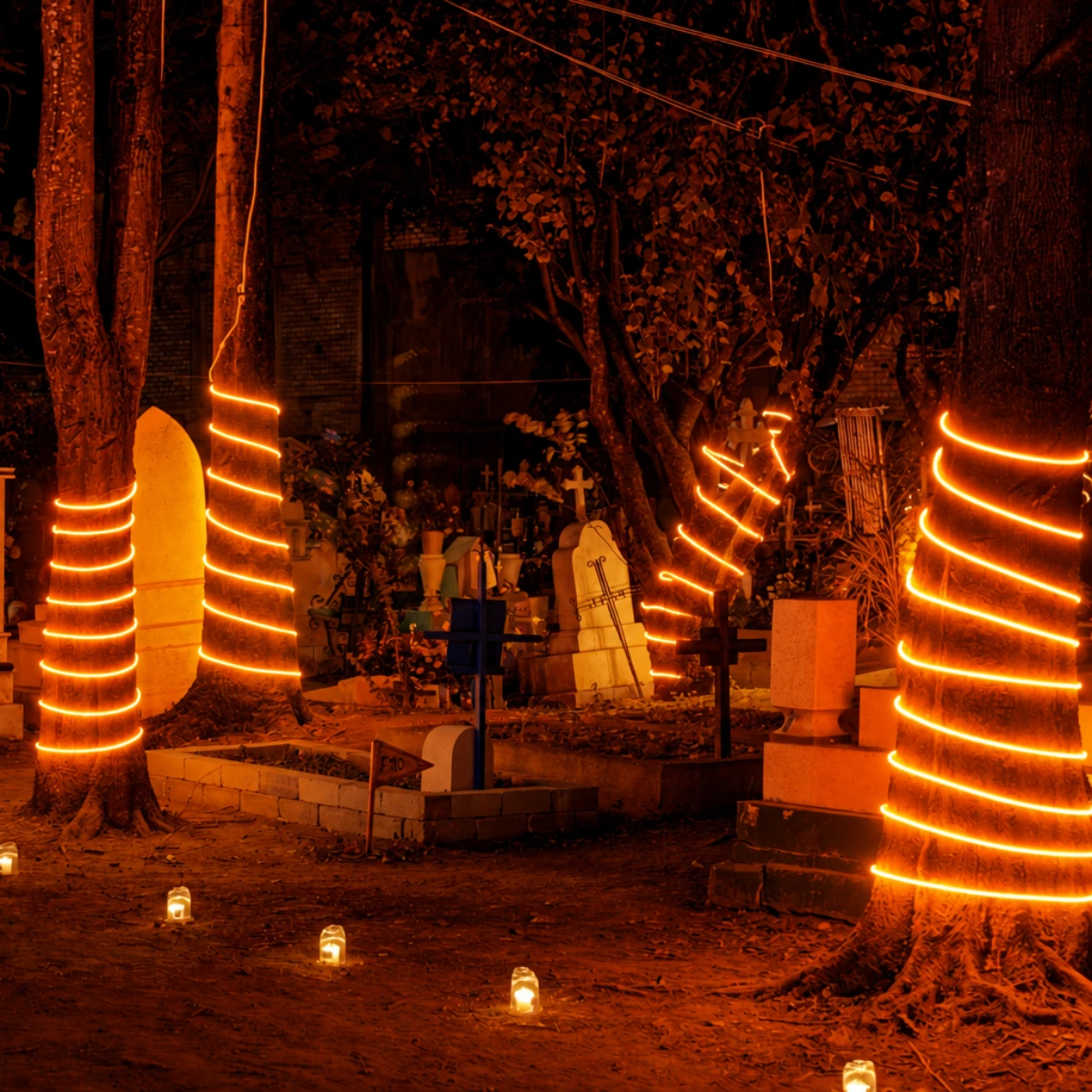 Manguera LED neón naranja instalada decorando troncos de árboles en exterior nocturno