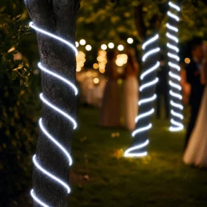 Manguera LED neón blanco frío instalada iluminando troncos de árboles en jardín de eventos nocturno