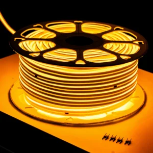 Carrete completo de manguera LED neón ámbar de 50 metros encendida para exteriores