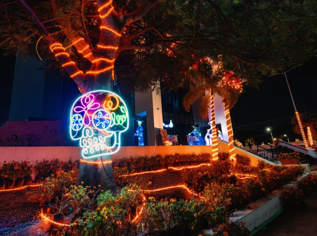 Tienda de adornos gigantes para día de Muertos en México