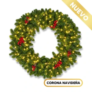 Corona Navideña gigante de 1.50m con follaje verde, luces LED cálidas y frutos rojos decorativos