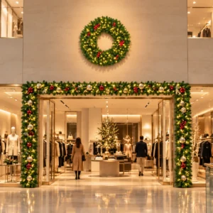 Corona Navideña monumental iluminada instalada en fachada de tienda en centro comercial
